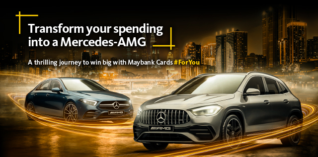Turn your spending into winning Mercedes-AMG, monthly Cash Back, Apple iPhone 14, Habib Vouchers and Luxury Luggage Bags with Maybank Credit or Charge Cards